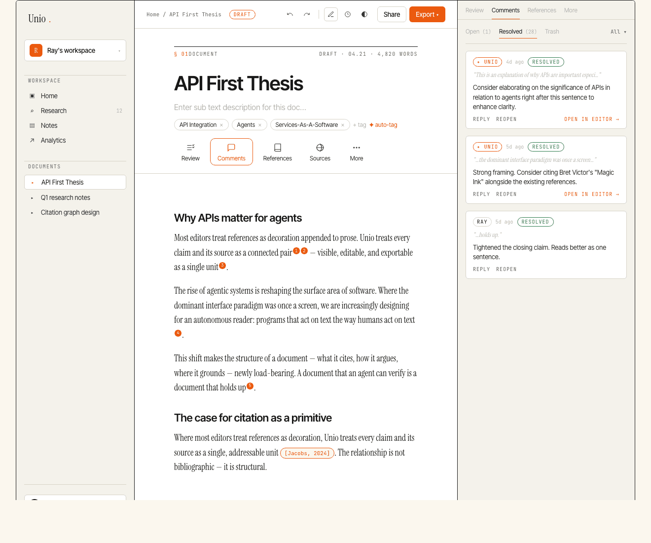 Unio editor — citations, scan, and a draft surface